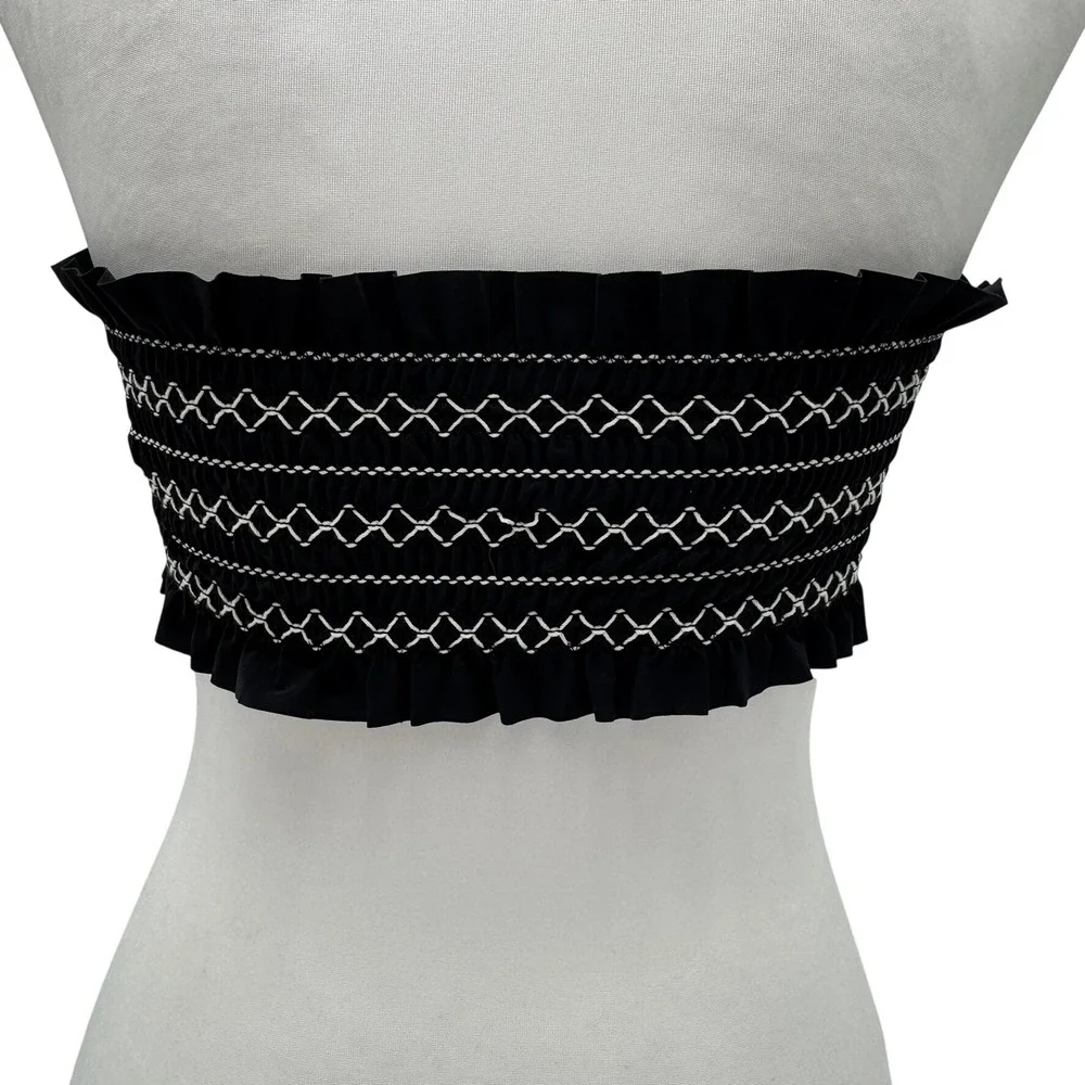 TORY BURCH NEW Small Black White Smocked Embroidered Bandeau Costa Bikini Top